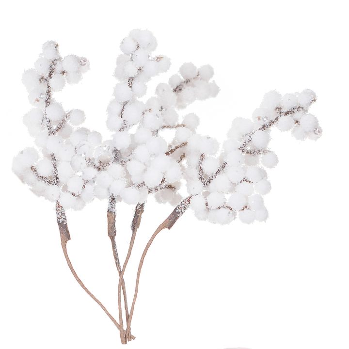 3D dekoratív gallyak fehér bogyókkal 4 db