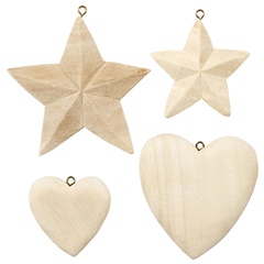 Fa dekorációk - szívek, csillagok - 4 db